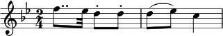 { \relative c'' { \set Staff.midiInstrument = #"violin" \key bes \major \time 2/4 f8.. es32 d8-. d-. d( es) c4 } } 