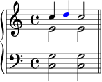 \new PianoStaff << \new Staff << \new Voice \relative c'' { \clef treble \key c \major \time 4/4 \stemUp c4 \once \override NoteHead.color = #red d c2 } \new Voice \relative c' { \stemDown e2 e } >> \new Staff << \relative c { \clef bass \key c \major \time 4/4 <c g'>2 <c g'> \bar "||" } >> >>
