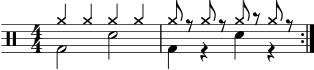 \version "2.22.0" \header { tagline = ##f} \score { \drums \with {midiInstrument = "drums"} \with { \numericTimeSignature } { \repeat volta 2 { <<{cymra4 cymra cymra cymra}\\{bd2 sne2}>> <<{cymra8 r cymra r cymra r cymra r}\\{bd4 r sne4 r}>>\break } } \layout {} } \score { \unfoldRepeats { \drums \with {midiInstrument = "drums"}{ \repeat volta 2 { <<{cymra4 cymra cymra cymra}\\{bd2 sne2}>> <<{cymra8 r cymra r cymra r cymra r}\\{bd4 r sne4 r}>>\break } } } \midi { \tempo 4 = 100 } }