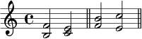 \new Voice \relative c' { \clef treble \key c \major \time 4/4 <b f'>2 <c e> \bar "||" <f b>2 <e c'> \bar "||" } 