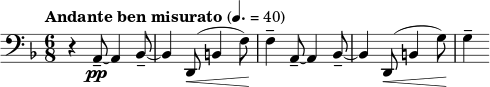 \relative c { \clef bass \key d \minor \time 6/8 \tempo "Andante ben Misurato" 4. = 40 r4 a8--~\pp a4 bes8--~ | bes4 d,8(\< b'4 f'8\!) | f4-- a,8--~ a4 bes8--~ | bes4 d,8(\< b'4 g'8)\! | g4-- }