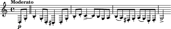 \relative c { \clef treble \time 4/4 \set Staff.midiInstrument = #"clarinet" \tempo "Moderato" \partial 4*1 d8-.\p g-. \bar "||" b4-. g8-. d-. cis4-. d8-. g-. | b-. d-. c4->~ c8 bga | b( a) fis-. g-. a( g) e-. fis-. | g2-> }