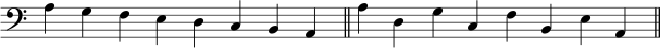 { \omit Score.TimeSignature \relative c' { \key c \major \clef bass \time 8/4 agfedcba \bar "||" a' d, gc, fb, ea, \bar "||" } } \layout { \context { \Score \override SpacingSpanner.base-shortest-duration = #(ly:make-moment 1/16) } } 