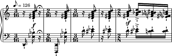 
{ \new PianoStaff << \new Staff \relative c'' { \set Staff.midiInstrument = #"violin" \clef treble \tempo 8 = 126 \override DynamicLineSpanner.staff-padding = #4 \time 3/16 r16 <dca fis d>-! r16\fermata | \time 2/16 r <dca fis d>-! \time 3/16 r <dca fis d>8-! | r16 <dca fis d>8-! | \time 2/8 <dca fis>16-! <ec bes g>->-![ <cis b aes f>-! <ca fis ees>-!] } \new Staff \relative c { \set Staff.midiInstrument = #"violin" \clef bass \time 3/16 d,16-! <bes'' ees,>^\f-! r\fermata | \time 2/16 <d,, d,>-! <bes'' ees,>-! | \time 3/16 d16-! <ees cis>8-! | r16 <ees cis>8-! | \time 2/8 d16^\sf-! <ees cis>-!->[ <d c>-! <d c>-!] } >> }