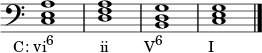  { \override Score.TimeSignature #'stencil = ##f \relative c { \clef bass \time 4/4 <ce a>1_\markup { \concat { \translate #'(-4 . 0) { "C: vi" \raise #1 \small "6" \hspace #6.5 "ii" \hspace #5 "V" \raise #1 \small "6" \hspace #6.5 "I" } } } <df a> <bd g> <ce g> \bar "|." } } 