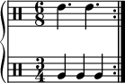 \new PianoStaff << \new DrumStaff << \drummode { \set Staff.timeSignatureFraction = 6/8 \set Score.tempoHideNote = ##t \tempo 4 = 120 \repeat volta 2 { tommh4. tommh } } >> \new DrumStaff << \drummode { \set Staff.timeSignatureFraction = 3/4 \repeat volta 2 { tomfh4 tomfh tomfh } } >> >>