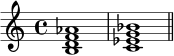 { \relative c' { \time 4/4 <bdf aes>1 <c es g bes> \bar "||" } } 