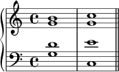  \new PianoStaff << \new Staff << \new Voice \relative c'' { \stemUp \clef treble \key c \major \time 4/4 b1 c } \new Voice \relative c'' { \stemDown g1 g } >> \new Staff << \new Voice \relative c' { \stemUp \clef bass \key c \major \time 4/4 d1 e } \new Voice \relative c' { \stemDown g1 c, \bar "||" } >> >> 