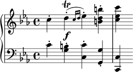  { \override Score.SpacingSpanner.strict-note-spacing = ##t \set Score.proportionalNotationDuration = #(ly:make-moment 1/8) \new PianoStaff << \new Staff << \relative c'' { \clef treble \key c \minor \time 4/4 c4-. d-.(\f\trill \grace {c16 d} es4-.) <bd b'>-. <c es c'> } >> \new Staff << \relative c' { \clef bass \key c \minor \time 4/4 c4-. <g b>-. <c, c'>-. <g g'>-. <c, c'> } >> >> } 
