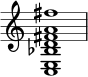  { \override Score.TimeSignature #'stencil = ##f \time 4/4 <ce bes fis' a' d' fis''>1 } 