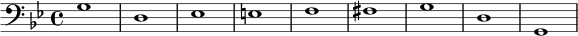  { \new Staff << \new Voice \relative c' { \stemDown \clef bass \key g \minor \time 4/4 \tempo 1 = 60 \set Score.tempoHideNote = ##t g1 d es ef fis gdg, } >> } 