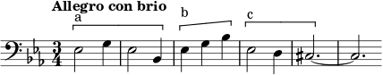  \طاقم عمل جديد \نسبي c{ \clef bass \key ees \major \time 3/4 \tempo "Allegro con brio" \tempo 2 = 80 \[^"a" ees2 g4 ees2 bes4 \] \[^"b" ees4 g bes \] \[^"c" ees,2 d4 cis2.~\] cis \bar "" } 