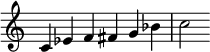 { \override Score.TimeSignature #'stencil = ##f \relative c' { \clef treble \time 6/4 c4 es f fis g bes c2 } }
