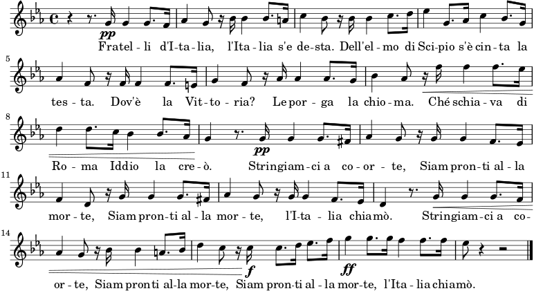 \relative f' { \clef treble \time 4/4 \key es \major r4 r8. g16\ص g4 g8. f16 | aes4 g8 r16 بيس bes4 bes8. a16 | c4 bes8 r16 bes4 c8. د16 | es4 جرام,8. aes16 c4 bes8. ز16 | aes4 f8 r16 f f4 f8. e16 | g4 f8 r16 aes aes4 aes8. ز16 | bes4 aes8 r16 \<f' f4 f8. ees16 | د4 د8. ج16 بيس 4 بيس 8. aes16 | g4\! ص8. g16\ص g4 g8. fis16 | aes4 g8 r16 g g4 f8. ees16 | f4 d8 r16 ز g4 g8. fis16 | aes4 g8 r16 g g4 f8. ees16 | د4 ص8. g16\< g4 g8. f16 | aes4 g8 r16 بيس bes4 a8. بيس16 | d4 c8 r16 c\f c8. d16 es8. f16 | g4\ff g8. g16 f4 f8. f16 | es8 r4 \! ص2 | \شريط "|." } \addlyrics { Fra -- tel -- li d'I -- ta -- lia, l'I -- ta -- lia s'e de -- sta. Dell' -- el -- mo di Sci -- pio s'è cin -- ta la tes -- ta. Dov' - è la Vit - to - ria؟ Le por -- ga la chio -- أماه. Ché schia -- va di Ro -- ma Id -- dio la cre -- ò. Strin -- giam -- ci_a co -- أو -- te, Siam pron -- ti_al -- la mor -- te, Siam pron -- ti_al -- la mor -- te, l'I -- ta -- lia chia -- mò. Strin -- giam -- ci_a co -- أو -- te, Siam pron -- ti_al -- la mor -- te, Siam pron -- ti al -- la mor -- te, l'I -- ta -- lia chia -- mò.}