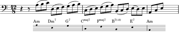  { \new Staff \relative c' { \set Staff.midiInstrument = #"cello" \clef F \time 12/8 r r8 << {a( bc) | د,( ef) ز( أب) | ج،(دي) و(جا) | ب,(قرص مضغوط) ه(د)ه | \new Staff = "chords" \with { \omit TimeSignature \magnifyStaff #2/3 firstClef = ##f } \relative c' { \set Staff.midiInstrument = #"cello" \clef F {\hide Stem a8 ssd, ssgssc, ssfssb, ssessa, ss}} \addlyrics \with { alignAboveContext = "chords" } { \override LyricText.font-size = #-1.5 Am \markup{\concat{Dm\super{7}}} \markup{\concat{G\super{7}}} \markup{\concat{C\super{maj7}}} \markup{\concat{F\super{maj7}}} \markup{\concat{B\super{7(♭5)}}} \markup{\concat{E\super{7}}} Am } >> s1 s8 } } 