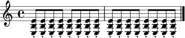 { \set Staff.midiInstrument = "electric guitar (clean)" \omit Score.MetronomeMark \tempo 4=160 \repeat unfold 16 { <eb e'>8-. } \bar "|." }