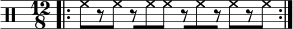  \drums { \time 12/8 \bar ".|:" hh8[ r hh] r[ hh hh] r[ hh r] hh[ r hh] \bar ":|." } 