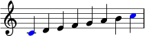 { \override Score.TimeSignature #'stencil = ##f \relative c' { \clef treble \key c \major \time 8/4 \once \override NoteHead.color = #red c4 defgab \once \override NoteHead.color = #red c } }