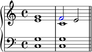 \new PianoStaff << \new Staff << \new Voice \relative c'' { \clef treble \key c \major \time 4/4 \stemUp g1 \once \override NoteHead.color = #red f2 e } \new Voice \relative c' { \stemDown e1 c } >> \new Staff << \relative c { \clef bass \key c \major \time 4/4 <c g'>1 <c g'> \bar "||" } >> >>