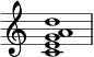  { \override Score.TimeSignature #'stencil = ##f \relative c' { \clef treble \time 4/4 \key c \major <cega d>1 } } 