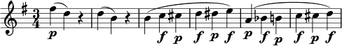 \relative c'{ \key g \major \time 3/4 \set Staff.midiInstrument = #"violin" \p fis'( d) rd( b) rb( c \f cis \pd \f dis \pe) \fa,( \p bes \fb \pc \f cis \pd \f) }