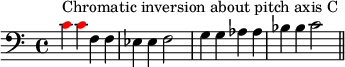 { #(set-global-staff-size 15) \set Score.tempoHideNote = ##t \tempo 4 = 120 \key c \major \time 4/4 \set Score.proportionalNotationDuration = #(ly:make-moment 1/2) \relative c' { \clef bass \once \override NoteHead.color = #red c4^\markup { عكس لوني حول محور النغمة C } \once \override NoteHead.color = #red cf, f es es f2 g4 g aes aes bes bes c2 \bar "||" } }