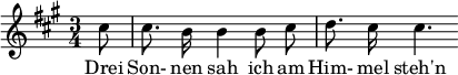 { \new Staff << \relative c'' {\set Staff.midiInstrument = #"clarinet" \tempo 4 = 60 \set Score.tempoHideNote = ##t \key a \major \time 3/4 \autoBeamOff \set Score.currentBarNumber = #9 \set Score.barNumberVisibility = #all-bar-numbers-visible \bar "" \partial 8 cis8 | cis8. b16 b4 b8 cis | d8. cis16 cis4. } \addlyrics { ثلاث أصوات كما لو كانت في روحي } >> }