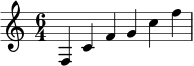 \relative c' { \time 6/4 f, c' f g c f}