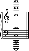 { \override Score.TimeSignature #'stencil = ##f \new PianoStaff << \new Staff \relative c' { \clef treble \key c \major \time 4/4 <c' c' c'>1 \bar "|." } \new Staff \relative c' { \clef bass \key c \major \time 4/4 <cc, c, c,>1 } >> }