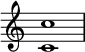 { \override Score.TimeSignature#'stencil = ##f \relative c' { \clef treble \time 4/4 \key c \major <c c'>1 } }
