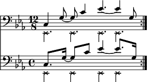 
{ \relative c, << \new Staff << \new voice { \clef bass \time 12/8 \key c \minor \set Score.tempoHideNote = ##t \tempo 4 = 100 \stemDown \override NoteHead.style = #'cross \repeat volta 2 { es4. es es } } \new voice { \set Score.tempoHideNote = ##t \tempo 4 = 100 \time 12/8 \stemUp \repeat volta 2 { c'4 g'8~ g c4 es4.~ es4 g,8 } \bar ":|." } >> \new Staff << \new voice { \clef bass \time 12/8 \key c \minor \set Staff.timeSignatureFraction = 4/4 \scaleDurations 3/2 { \set Score.tempoHideNote = ##t \tempo 8 = 100 \stemDown \override NoteHead.style = #'cross \repeat volta 2 { es,4 es es es } } } \new voice \relative c' { \time 12/8 \set Staff.timeSignatureFraction = 4/4 \scaleDurations 3/2 { \set Score.tempoHideNote = ##t \tempo 4 = 100 \stemUp \repeat volta 2 { c,8. g'16~ g8 c es4~ es8. g,16 } \bar ":|." } } >> >> }
