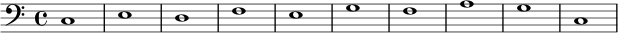  { \new Staff << \new Voice \relative c' { \stemDown \clef bass \key c \major \time 4/4 \tempo 1 = 60 \set Score.tempoHideNote = ##t c,1 edfegfagc, } >> } 