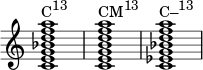  { \override Score.TimeSignature #'stencil = ##f \relative c' { \clef treble \time 4/4 \key c \major <ceg bes df a>1^\markup { \concat { "C" \raise #1 \small "13" } } <cegbdf a>^\markup { \concat { "CM" \raise #1 \small "13" } } <c ees g bes df a>^\markup { \concat { "C–" \raise #1 \small "13" } } } } 