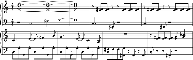 \header { tagline = ##f } \paper { system-system-spacing = #'((basic-distance . 1) (padding . 1)) } \layout { indent = 0 \context {\Score \remove "Bar_number_engraver" } } global = { \key c \major \numericTimeSignature \time 4/4 } right = \relative c'' { \global <ec g>1~ | <ec g>1~ | <ec g>1 | \repeat unfold 2 {r8 <e, fis> <e fis> rr <e fis> <e fis> <e fis> | } c4. e8~ e fis4 a8 | g4. e8~ e c4 a8 | R1 | r8 <e' fis> <e fis> <e fis> <e g> <g bes>4. | } left = \relative c { \global r2 c2 | fis g~ | g1 | \repeat unfold 2 { c,4. fis,8-. r2 | } \repeat unfold 4 { \stemDown c'8-. g'-. g,-. g'-. } <fis c> fis fis <g fis,> r \stemNeutral fis, r fis | c'-. rr fis,-. r2 | } \score { \new PianoStaff << \new Staff = "right" \right \new Staff = "left" { \clef bass \left } >> \layout { } \midi { \tempo 4=172 } }