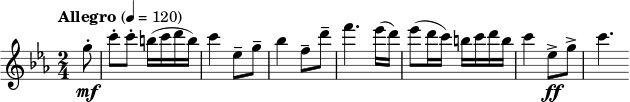  { \new PianoStaff << \new Staff \relative c''' { \tempo "Allegro" 4 = 120 \clef treble \key c \minor \time 2/4 \partial 8 g8-. \mf c8-. c-. b16( cdb) c4 es,8-- g-- bes4 f8-- d'-- f4. es16( d) es8( d16 c) bcdb c4 es,8-> \ff g-> c4. } >> } 