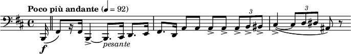 \relative c { \clef bass \time 4/4 \set Staff.midiInstrument = #"bassoon" \tempo "Poco più andante" 4=92 \key b \minor \partial 16*1 b,16\f( \bar "||" fis'8)[ r16 fis] b,4->~ b8._\markup { \italic pesante } cis16 d8. e16 | fis8. d16 a'8 a a-> a-> \times 2/3 { a-> b-> bis-> } | cis4->~( \times 2/3 { cis8 d dis } ais) r }