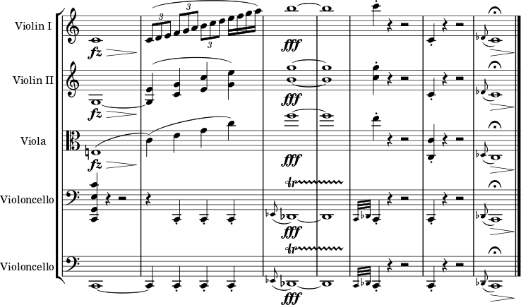  \header { tagline = ##f } \layout { \context { \Staff \remove "Time_signature_engraver" } } \new StaffGroup << \new Staff \with { instrumentName = "Violin I" } \relative c' { c1\fz\> | \tuplet 3/2 { c8\!( de } \tuplet 3/2 { fga } \tuplet 3/2 { bcd } e16 fga) | b1~\fff | b1 | c4-. r r2 | c,,4-. r r2 | \appoggiatura des8 c1*3/4\fermata\> s4\! | \bar "|." } \new Staff \with { instrumentName = "Violin II" } \relative c' { g1~\fz\> | <g e'>4\!( <c g'> <e c'> <g e'>) | <b g'>1~\fff | س1 | <ج ز'>4-. ص ص2 | ج،4-. ص ص2 | \appoggiatura des8 c1*3/4\fermata\> s4\! | } \new Staff \with { InstrumentName = "Viola" } \relative c { \clef alto e!1(\fz\> | c'4)(\! egc) | f1~\fff | f1 | e4-. ص ص2 | <ج، ج،>4-. ص ص2 | \appoggiatura des,8 c1*3/4\fermata\> s4\! | } \new Staff \with { instrumentName = "Violoncello" } \relative c, { \clef bass <c g' e' c'>4 r r2 | r4 c-. c-. c-. | \appoggiatura es8 des1~\fff\startTrillSpan des1*7/8 s8\stopTrillSpan | \grace { c32 des } c4-. r r2 | c4-. r r2 | \appoggiatura des8 c1*3/4\fermata\> s4\! | } \new Staff \with { instrumentName = "Violoncello" } \relative c, { \clef bass c1~ | c4 c-. c-. c-. | \appoggiatura es8 des1~\fff\startTrillSpan des1*7/8 s8\stopTrillSpan | \grace { c32 des } c4-. r r2 | c4-. r r2 | \appoggiatura des8 c1*3/4\fermata\> s4\! | } >> 