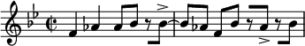 
{ \relative c' { \time 2/2 \key bes \major \set Score.tempoHideNote = ##t \tempo 2 = 108 f4 aes aes8 bes r[ bes->~] bes[ aes] f[ bes] r[ aes->] r[ bes] } }
