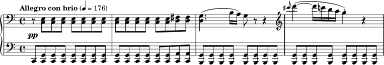 { #(set-global-staff-size 18) { \new PianoStaff << \new Staff << \new Voice \relative c { \once\override DynamicLineSpanner.staff-padding = #4 \clef bass \time 4/4 \tempo "Allegro con brio" 4 = 176 \override DynamicLineSpanner.staff-padding = #2.5 r8\pp <c e> <c e> <c e> <c e> <c e> <c e> <c e> <c e> <c e> <c e> <c e> <c e> <d fis> <d fis> <d g>4.( b'16 a) g8 r r4 \clef treble \grace { cis''8( } d4~)( d16 cba g4-.) r4 } >> \new Staff { \نسبي ج، { \clef bass c8 <c g'> <c g'> <c g'> <c g'> <c g'> <c g'> <c g'> <c g'> <c g'> <c g'> <c g'> <c g'> <c g'> <c a'> <c a'> <b g'> <b g'> <b g'> <b g'> <b g'> <b g'> <b g'> <b g'> <b g'> <b g'> <b g'> <b g'>[ <b g'> <b g'> <b g'>] } } >> } } 