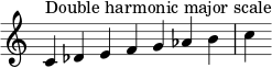 { \override Score.TimeSignature #'stencil = ##f \relative c' { \clef treble \time 7/4 c4^\markup { سلم موسيقي كبير مزدوج التوافقيات } des efg aes bc } }