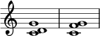  { \override Score.TimeSignature #'stencil = ##f \relative c' { \clef treble \time 4/4 \key c \major <cd g>1 <cf g>1 } } 