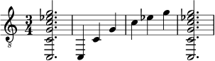 { \clef "treble_8" \time 3/4 <c, cg c' ees' g'>2. <c, >4 <c >4 <g >4 <c' >4 <ees' >4 <g' >4 <c, cg c' ees' g'>2. } 