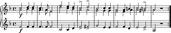 
{ \new PianoStaff << \new Staff \relative c' { \key f \major << { \voiceOne { c'2 \f d4 d c4. a8 f2 f'2 e4 d c2-> d-> bes c4 c a2 a4 b c2 b-> a }} \new Voice { \voiceTwo { a2 bes4 bes a4. a8 f2 d'2 c4 bes a2 a g2 g4 g f2 f4 a a2 gis a \notemode {b2 \rest} \bar ":|." }} >> } \new Staff \relative c'{ \key f \major f2 \f f4 f f4. f8 f2 bes,2 bes4 d f2-> fis-> g2 e4 e f2 f4 d e2 e2-> a,2 r2 } >> }
