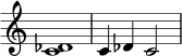 { \omit Score.TimeSignature \relative c' { \time 4/4 \set Score.tempoHideNote = ##t \tempo 4 = 90 <c des>1 | c4 des c2 } }