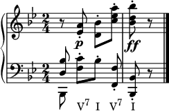 
    { \override Score.SpacingSpanner.strict-note-spacing = ##t \set Score.proportionalNotationDuration = #(ly:make-moment 1/12) \new PianoStaff << \new Staff << \relative c' { \clef treble \key bes \major \time 2/4 r8 <es a>-.\p <d bes'>-.[ <c' es a>-.] <bes d bes'>-.\ff r } >> \new Staff << \new Voice \relative c { \clef bass \key bes \major \time 2/4 \stemUp <d bes'>8 \stemNeutral <f c'>-.[_\markup { \concat { "V" \raise #1 \small "7" \hspace #1.2 "I" \hspace #2 "V" \raise #1 \small "7" \hspace #1.7 "I" } } bes-.] <f, f'>-. <bes, bes'>-. r \bar "|." } \new صوت \relative c, { \clef bass \key bes \major \time 2/4 \stemDown bes8 } >> >> }
