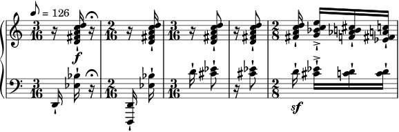 { \new PianoStaff << \new Staff \relative c'' { \set Staff.midiInstrument = #"violin" \clef treble \tempo 8 = 126 \time 3/16 r16 <dca fis d>\f-! r16\fermata | \time 2/16 r <dca fis d>-! \time 3/16 r <dca fis d>8-! | r16 <dca fis d>8-! | \time 2/8 <dca fis>16-! <ec bes g>->-![ <cis b aes f>-! <ca fis ees>-!] } \new Staff \relative c { \set Staff.midiInstrument = #"violin" \clef bass \time 3/16 d,16-! <bes'' ees,>-! r\fermata | \time 2/16 <d,, d,>-! <bes'' ees,>-! | \time 3/16 d16-! <ees cis>8-! | r16 <ees cis>8-! | \time 2/8 d16\sf-! <ees cis>-!->[ <d c>-! <d c>-!] } >> }
