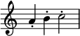 { \override Score.TimeSignature #'stencil = ##f \relative c'' { a4-. b-. c2-. } }
