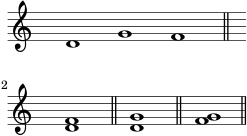  \layout { line-width = 60\mm indent = 0\mm } \relative c''{ \clef treble \time 3/1 \hide Staff.TimeSignature d,1 gf \bar "||" \break \time 1/1 <d f> \bar "||" <d g> \bar "||" <f g> \bar "||" } 