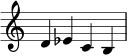  { \override Score.TimeSignature #'stencil = ##f \relative c' { \clef treble \time 4/4 d es cb } } 
