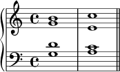  \new PianoStaff << \new Staff << \new Voice \relative c'' { \stemUp \clef treble \key c \major \time 4/4 b1 c } \new Voice \relative c'' { \stemDown g1 e } >> \new Staff << \new Voice \relative c' { \stemUp \clef bass \key c \major \time 4/4 d1 c } \new Voice \relative c' { \stemDown g1 a \bar "||" } >> >> 